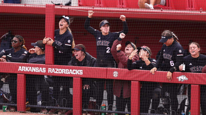 Mississippi State softball celebrates during its weekend series against Arkansas.