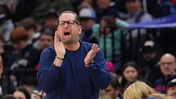Apr 11, 2025; Philadelphia, Pennsylvania, USA; Philadelphia 76ers head coach Nick Nurse reacts against the Atlanta Hawks in the first quarter at Wells Fargo Center. Mandatory Credit: Kyle Ross-Imagn Images