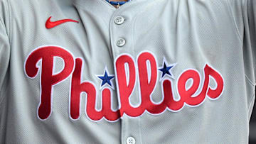 The Philadelphia Phillies logo on first baseman Bryce Harper's jersey