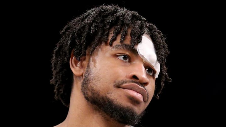 Brooklyn Nets guard Cam Thomas (24) reacts during the third quarter against the Portland Trail Blazers at Barclays Center on January 7, 2024.