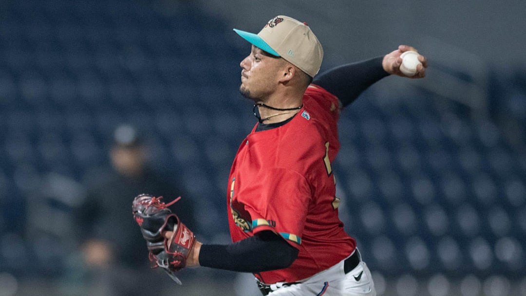 Zach McCambley (31) pitches during the Monterrey Sultanes vs Pensacola Blue Wahoos (wearing Pok-Ta-Pok uniforms) exhibition baseball game at Blue Wahoos Stadium in Pensacola on Tuesday, April, 2, 2024. Pok-Ta-Pok was a Mesoamerican game played in the 16th century. Zach McCambley (31) pitches during the Monterrey Sultanes vs Pensacola Blue Wahoos (wearing Pok-Ta-Pok uniforms) exhibition baseball game at Blue Wahoos Stadium in Pensacola on Tuesday, April, 2, 2024. Pok-Ta-Pok was a Mesoamerican game played in the 16th century.