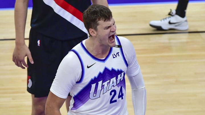 Oct 16, 2025; Salt Lake City, Utah, USA; Utah Jazz center Walker Kessler (24) celebrates after his slam dunk during the second half against the Portland Trail Blazers at Delta Center. Mandatory Credit: Peter Creveling-Imagn Images