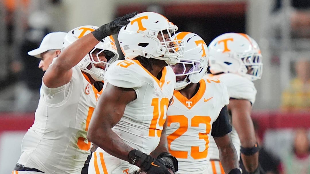 Tennessee’s defense celebrates after Tennessee defensive lineman Joshua Josephs (19) recovered an Alabama fumble during a college football game at Bryant-Denny Stadium in Tuscaloosa, Ala., on Oct. 18, 2025.