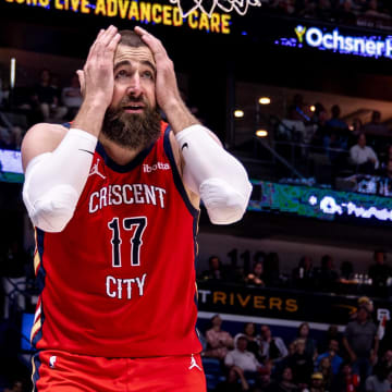 Apr 19, 2024; New Orleans, Louisiana, USA;  New Orleans Pelicans center Jonas Valanciunas (17) reacts to a foul called on him against the Sacramento Kings in the second half during a play-in game of the 2024 NBA playoffs at Smoothie King Center. Mandatory Credit: Stephen Lew-USA TODAY Sports