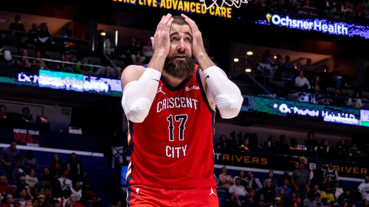 Apr 19, 2024; New Orleans, Louisiana, USA;  New Orleans Pelicans center Jonas Valanciunas (17) reacts to a foul called on him against the Sacramento Kings in the second half during a play-in game of the 2024 NBA playoffs at Smoothie King Center. Mandatory Credit: Stephen Lew-USA TODAY Sports