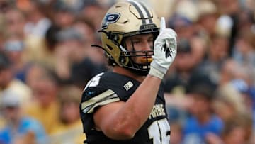Purdue Boilermakers defensive end Will Heldt (15) reacts after a defensive stop Saturday, Aug. 31, 2024, during the NCAA football game against the Indiana State Sycamores at Ross-Ade Stadium in West Lafayette, Ind. Purdue Boilermakers won 49-0.