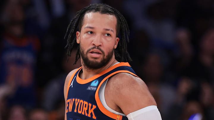 Apr 12, 2024; New York, New York, USA; New York Knicks guard Jalen Brunson (11) reacts after a three-point basket during the second half against the Brooklyn Nets at Madison Square Garden. Mandatory Credit: Vincent Carchietta-Imagn Images