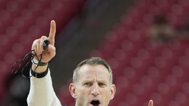 Apr 5, 2024; Glendale, AZ, USA; Alabama Crimson Tide head coach Nate Oats during practice before the 2024 Final Four of the NCAA Tournament at State Farm Stadium. Mandatory Credit: Bob Donnan-USA TODAY Sports