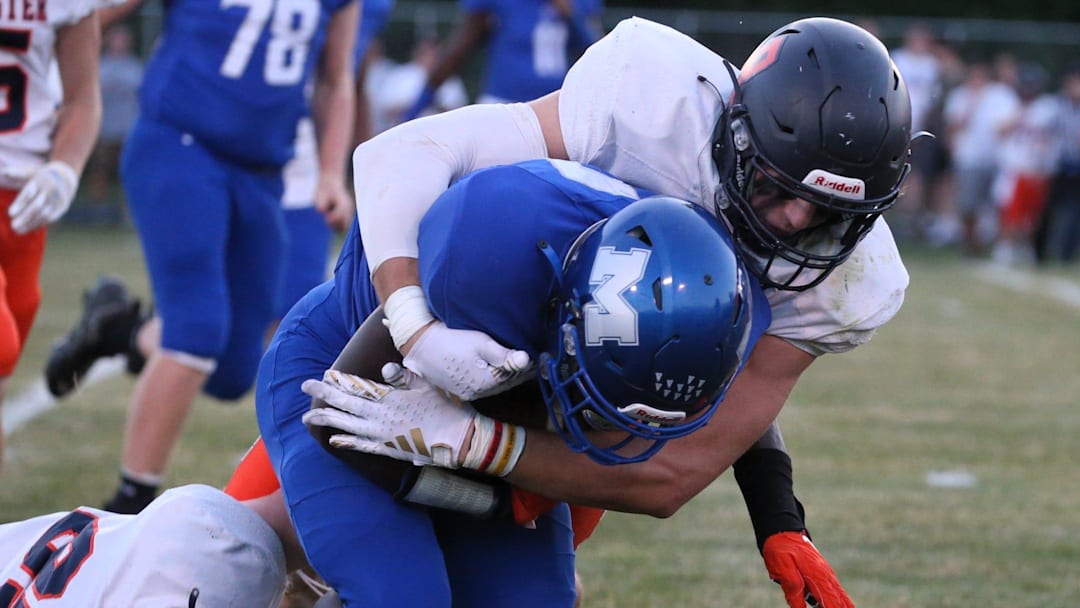 Rochester's Lance Ingold makes the tackle during a Central State Eight Conference football game against Decatur MacArthur at Stephen Decatur Middle School's athletic field on Friday, Sept. 8, 2023. Rochester's Lance Ingold makes the tackle during a Central State Eight Conference football game against Decatur MacArthur at Stephen Decatur Middle School's athletic field on Friday, Sept. 8, 2023.
