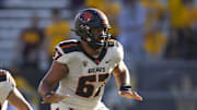 Nov 19, 2022; Tempe, Arizona, USA; Oregon State Beavers offensive lineman Joshua Gray (67) against the Arizona State Sun Devils at Sun Devil Stadium. Mandatory Credit: Mark J. Rebilas-Imagn Images