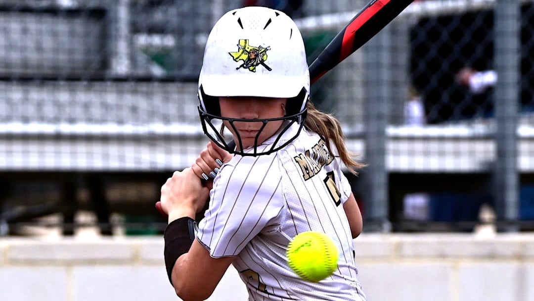 Haskell batter Rebekah Cunningham lets the baseball go past her, correctly surmising the pitcher threw a ball during Game One of Wednesday’s Best of Three series 2A DII UIL Softball Playoff between Haskell and Christoval. Final score in Game One was 10-0, Haskell.