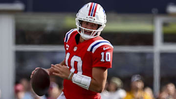 Sep 21, 2025; Foxborough, Massachusetts, USA; New England Patriots quarterback Drake Maye (10) runs the ball during the fourth quarter at Gillette Stadium. Mandatory Credit: Paul Rutherford-Imagn Images