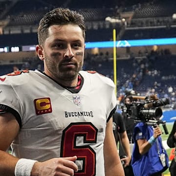 Tampa Bay Buccaneers quarterback Baker Mayfield (6) exits the field after 20-16 win over Detroit Lions at Ford Field in Detroit on Sunday, September 15, 2024.