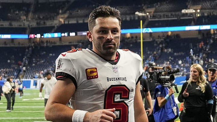 Tampa Bay Buccaneers quarterback Baker Mayfield (6) exits the field after 20-16 win over Detroit Lions at Ford Field in Detroit on Sunday, September 15, 2024.