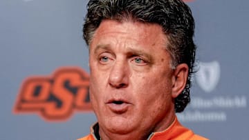 Oklahoma State head football coach Mike Gundy speaks during a press conference