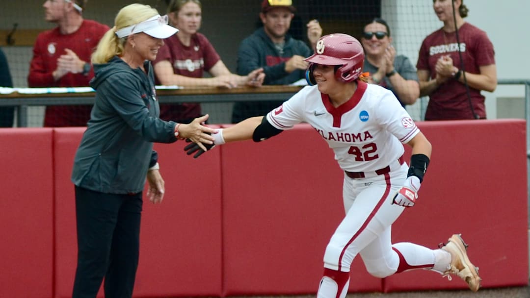 Oklahoma shortstop Gabbie Garcia celebrates a home run at Love's Field.