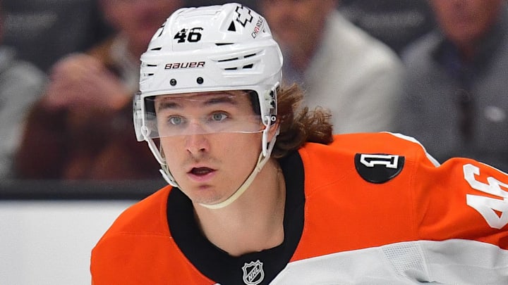 Mar 18, 2026; Anaheim, California, USA; Philadelphia Flyers center Trevor Zegras (46) in action against the Anaheim Ducks during the first period at Honda Center. Mandatory Credit: Gary A. Vasquez-Imagn Images
