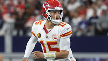 Nov 27, 2025; Arlington, Texas, USA; Kansas City Chiefs quarterback Patrick Mahomes (15) looks to throw a pass against the Dallas Cowboys during the first quarter at AT&T Stadium. Mandatory Credit: Kevin Jairaj-Imagn Images