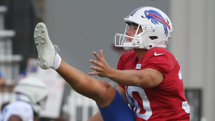 Bills punter Jack Browning watches his kick in warm ups during day six of the Buffalo Bills training camp.