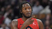 Toronto Raptors guard Immanuel Quickley (5) gestures to a team mate during the second half against the Houston Rockets at Scotiabank Arena.