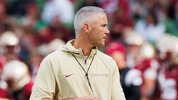 Aug 24, 2024; Dublin, IRL; Florida State University head coach Mike Norvell before the game against Georgia Tech at Aviva Stadium. Mandatory Credit: Tom Maher/INPHO via Imagn Images