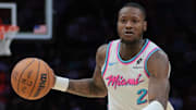 Mar 8, 2025; Miami, Florida, USA; Miami Heat guard Terry Rozier (2) dribbles the basketball against the Chicago Bulls during the third quarter at Kaseya Center. Mandatory Credit: Sam Navarro-Imagn Images