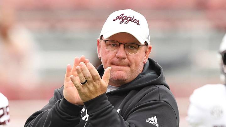 Oct 18, 2025; Fayetteville, Arkansas, USA; Texas A&M Aggies head coach Mike Elko prior to the game against the Arkansas Razorbacks at Donald W. Reynolds Razorback Stadium. Mandatory Credit: Nelson Chenault-Imagn Images
