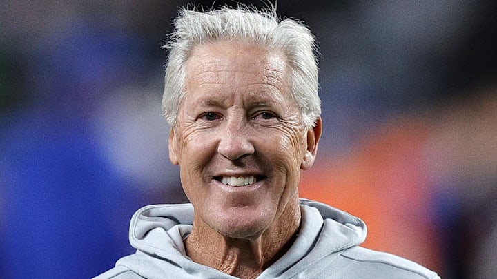 Nov 6, 2025; Denver, Colorado, USA; Las Vegas Raiders head coach Pete Carroll before the game at Empower Field at Mile High. Mandatory Credit: Isaiah J. Downing-Imagn Images