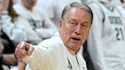 Jan 15, 2025; East Lansing, Michigan, USA;  Michigan State Spartans head coach Tom Izzo protests a call by the officials during the second half of their game against the Penn State Nittany Lions at Jack Breslin Student Events Center. Mandatory Credit: Dale Young-Imagn Images
