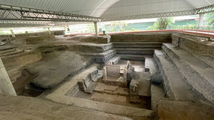 A portion of the preserved Maya village Joya de Ceren (“Jewel of Ceren”) under a protective roof.