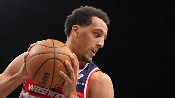 Oct 14, 2024; Brooklyn, New York, USA; Washington Wizards forward Patrick Baldwin Jr. (7) grabs a rebound against the Brooklyn Nets during the first half at Barclays Center. Mandatory Credit: Gregory Fisher-Imagn Images