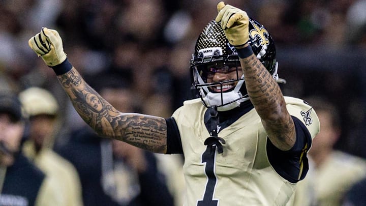 Dec 21, 2025; New Orleans, Louisiana, USA; New Orleans Saints cornerback Alontae Taylor (1) reacts to making a tackle against New York Jets quarterback Brady Cook (not pictured) during the first half at Caesars Superdome. Mandatory Credit: Stephen Lew-Imagn Images