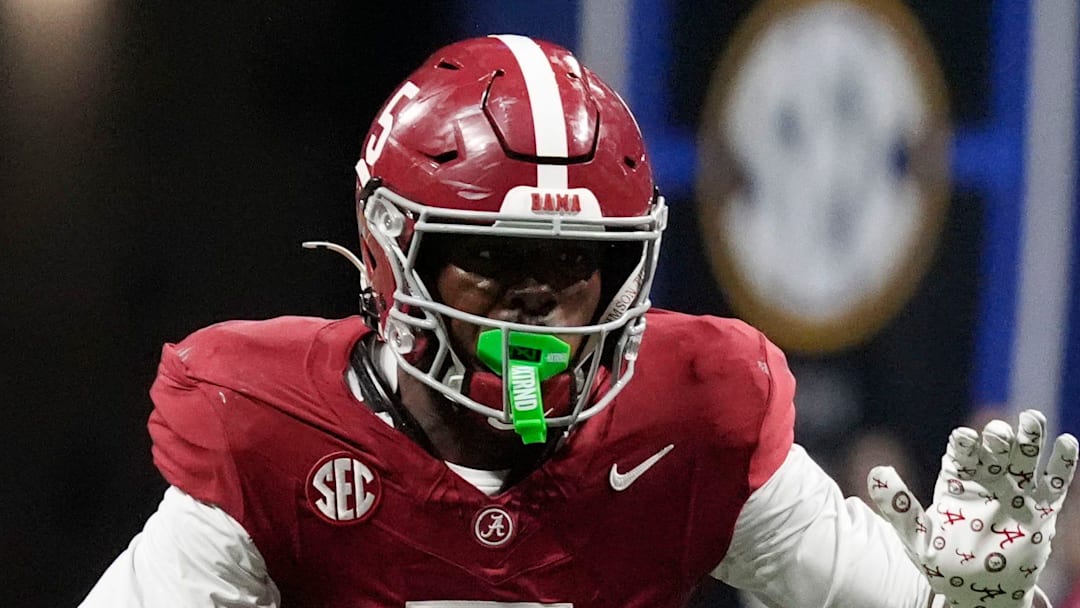 Dec 6, 2025; Atlanta, GA, USA; Alabama wide receiver Germie Bernard (5) runs with the ball after making a catch during the game with Georgia at Mercedes-Benz Stadium. Mandatory Credit: Gary Cosby Jr.-Tuscaloosa News
