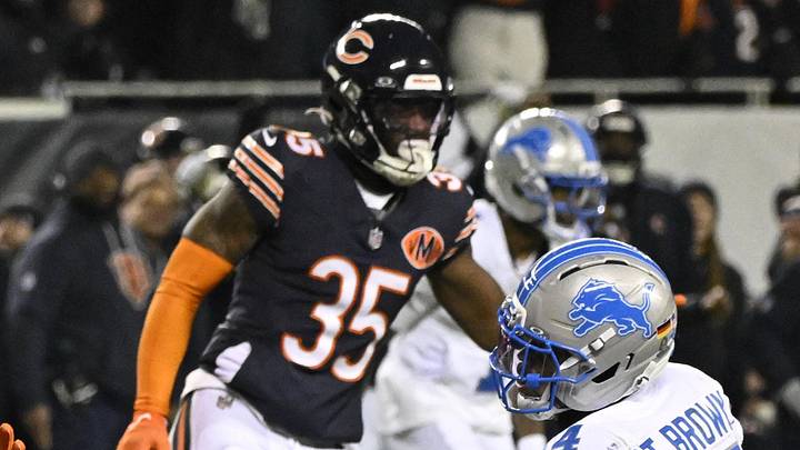 Jan 4, 2026; Chicago, Illinois, USA; Chicago Bears safety Kevin Byard III (31) runs with the ball after making an interception against the Detroit Lions during the second half at Soldier Field. Mandatory Credit: Matt Marton-Imagn Images