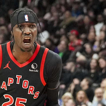 Feb 21, 2025; Toronto, Ontario, CAN; Toronto Raptors forward Chris Boucher (25) reacts during a NBA game against the Miami Heat at Scotiabank Arena. Mandatory Credit: Kevin Sousa-Imagn Images