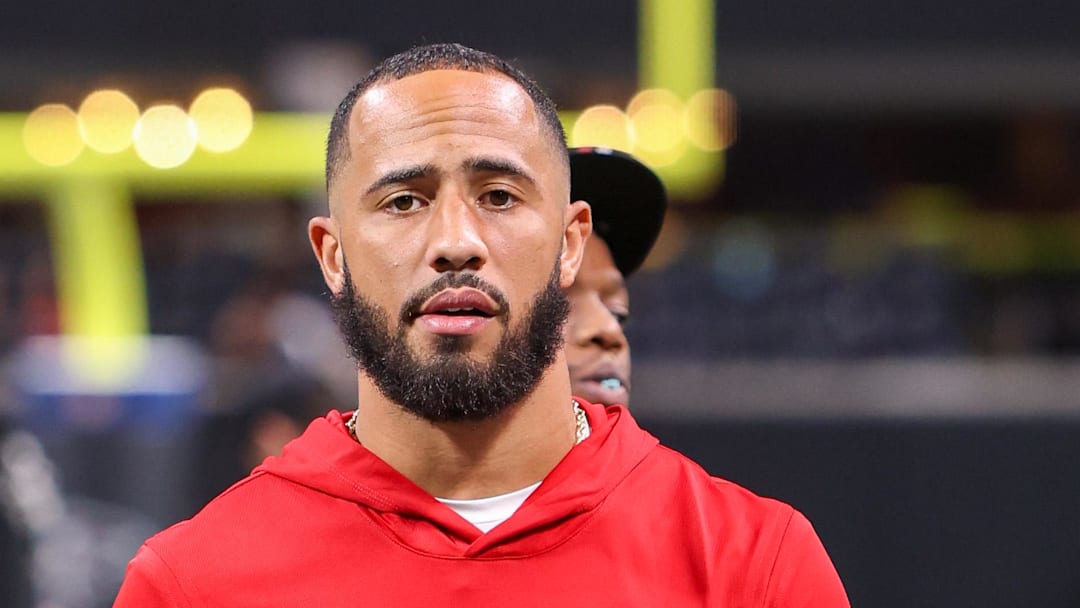 Aug 8, 2025; Atlanta, Georgia, USA; Atlanta Falcons safety Jessie Bates III (3) on the field against the Detroit Lions at Mercedes-Benz Stadium. Mandatory Credit: Brett Davis-Imagn Images