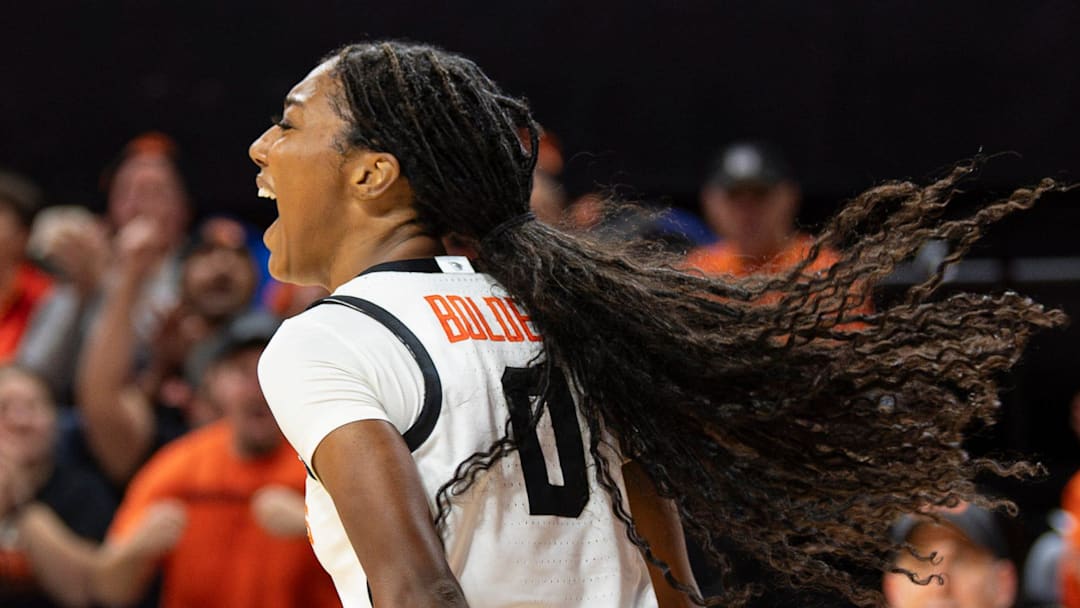 Oregon State's Tiara Bolden (0) celebrates making the shot and getting the foul during an NCAA basketball game at Gill Coliseum on Thursday, Jan. 9, 2025, in Corvallis, Ore.