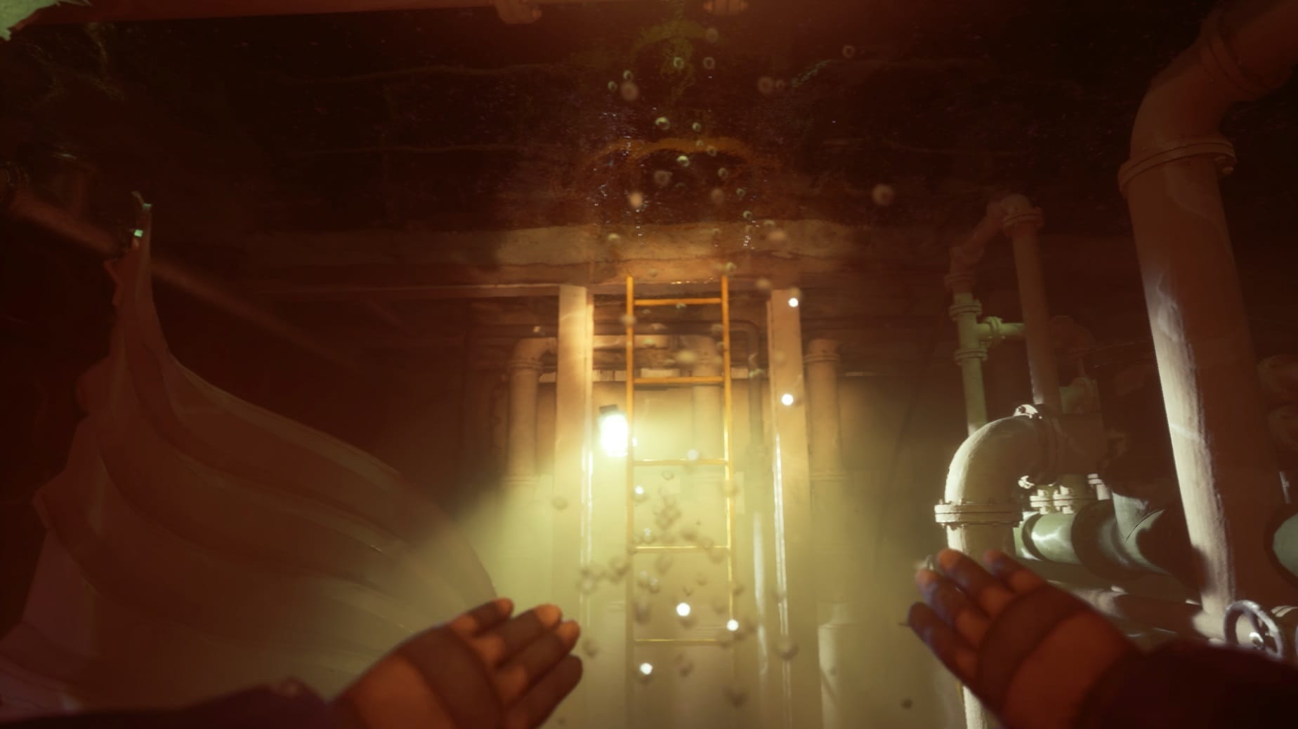 Still Wakes The Deep screenshot of a character swimming in a darkly light hallway.