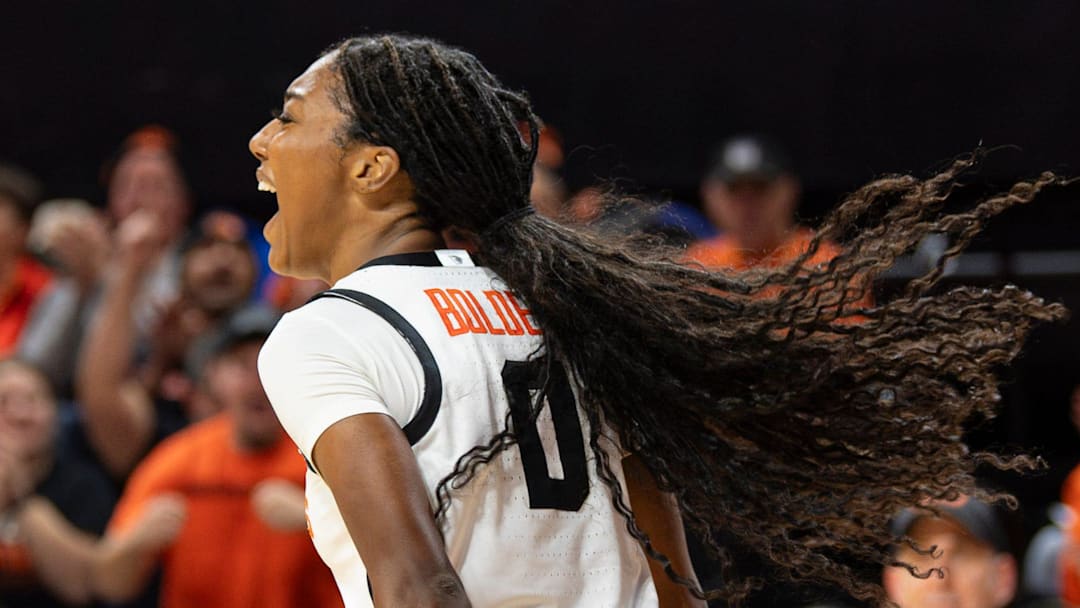 Oregon State's Tiara Bolden (0) celebrates making the shot and getting the foul during an NCAA basketball game at Gill Coliseum on Thursday, Jan. 9, 2025, in Corvallis, Ore.