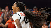 Oregon State's Tiara Bolden (0) celebrates making the shot and getting the foul during an NCAA basketball game at Gill Coliseum on Thursday, Jan. 9, 2025, in Corvallis, Ore.