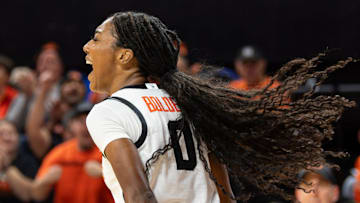 Oregon State's Tiara Bolden (0) celebrates making the shot and getting the foul during an NCAA basketball game at Gill Coliseum on Thursday, Jan. 9, 2025, in Corvallis, Ore.