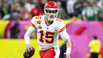 Feb 9, 2025; New Orleans, LA, USA;  Kansas City Chiefs quarterback Patrick Mahomes (15) against the Philadelphia Eagles in Super Bowl LIX at Ceasars Superdome. Mandatory Credit: Mark J. Rebilas-Imagn Images