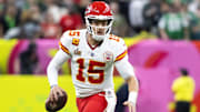 Feb 9, 2025; New Orleans, LA, USA;  Kansas City Chiefs quarterback Patrick Mahomes (15) against the Philadelphia Eagles in Super Bowl LIX at Ceasars Superdome. Mandatory Credit: Mark J. Rebilas-Imagn Images