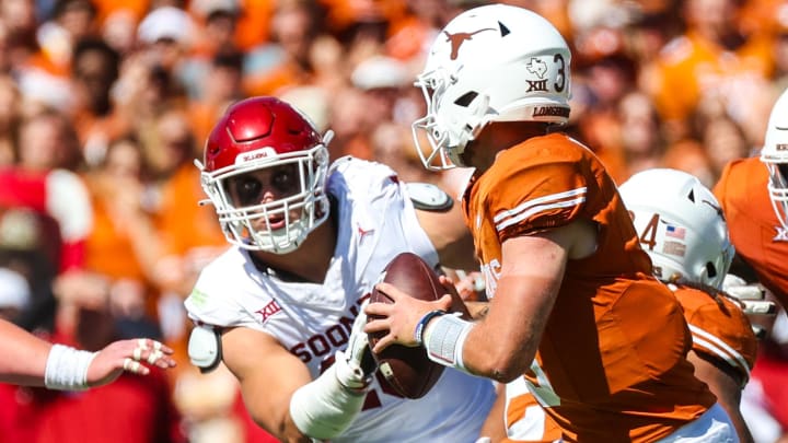 Oct 7, 2023; Dallas, Texas, USA;  Oklahoma Sooners defensive lineman Ethan Downs (40) rushes on Texas Longhorns quarterback Quinn Ewers (3) during the game at the Cotton Bowl. Mandatory Credit: Kevin Jairaj-USA TODAY Sports