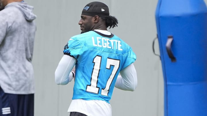 Jun 4, 2024; Charlotte, NC, USA; Carolina Panthers wide receiver Xavier Legette (17) throws  during OTAs. Mandatory Credit: Jim Dedmon-USA TODAY Sports