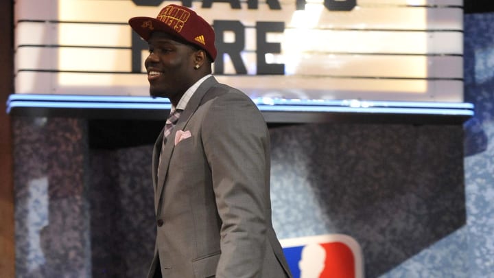 Jun 27, 2013; Brooklyn, NY, USA; Anthony Bennett (UNLV) walks to the stage after being selected as the number one overall pick to the Cleveland Cavaliers during the 2013 NBA Draft at the Barclays Center. Mandatory Credit: Joe Camporeale-USA TODAY Sports