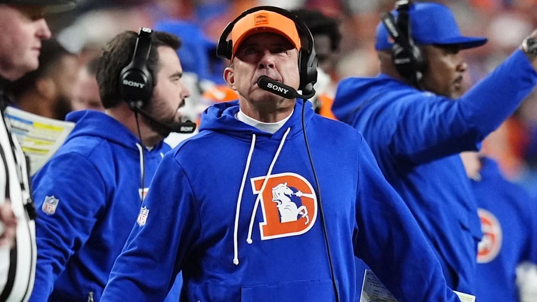 Nov 6, 2025; Denver, Colorado, USA; Denver Broncos head coach Sean Payton during the first half at Empower Field at Mile High. 