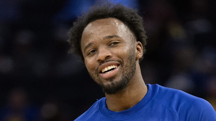 Oct 17, 2025; San Francisco, California, USA; Golden State Warriors guard LJ Cryer shares a laugh while warming up before facing the Los Angeles Clippers at Chase Center. Mandatory Credit: D. Ross Cameron-Imagn Images