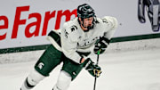 Michigan State's Charlie Stramel moves the puck against Notre Dame during the first period in the Big Ten tournament on Saturday, March 15, 2025, at Muni Arena in East Lansing.