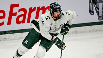 Michigan State's Charlie Stramel moves the puck against Notre Dame during the first period in the Big Ten tournament on Saturday, March 15, 2025, at Muni Arena in East Lansing.